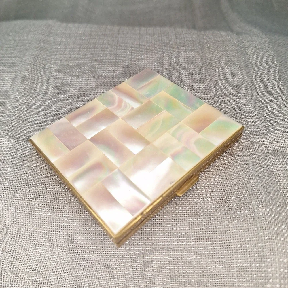 Marhill Brass Mother of Pearl Powder Compact Vintage 50s Mirror